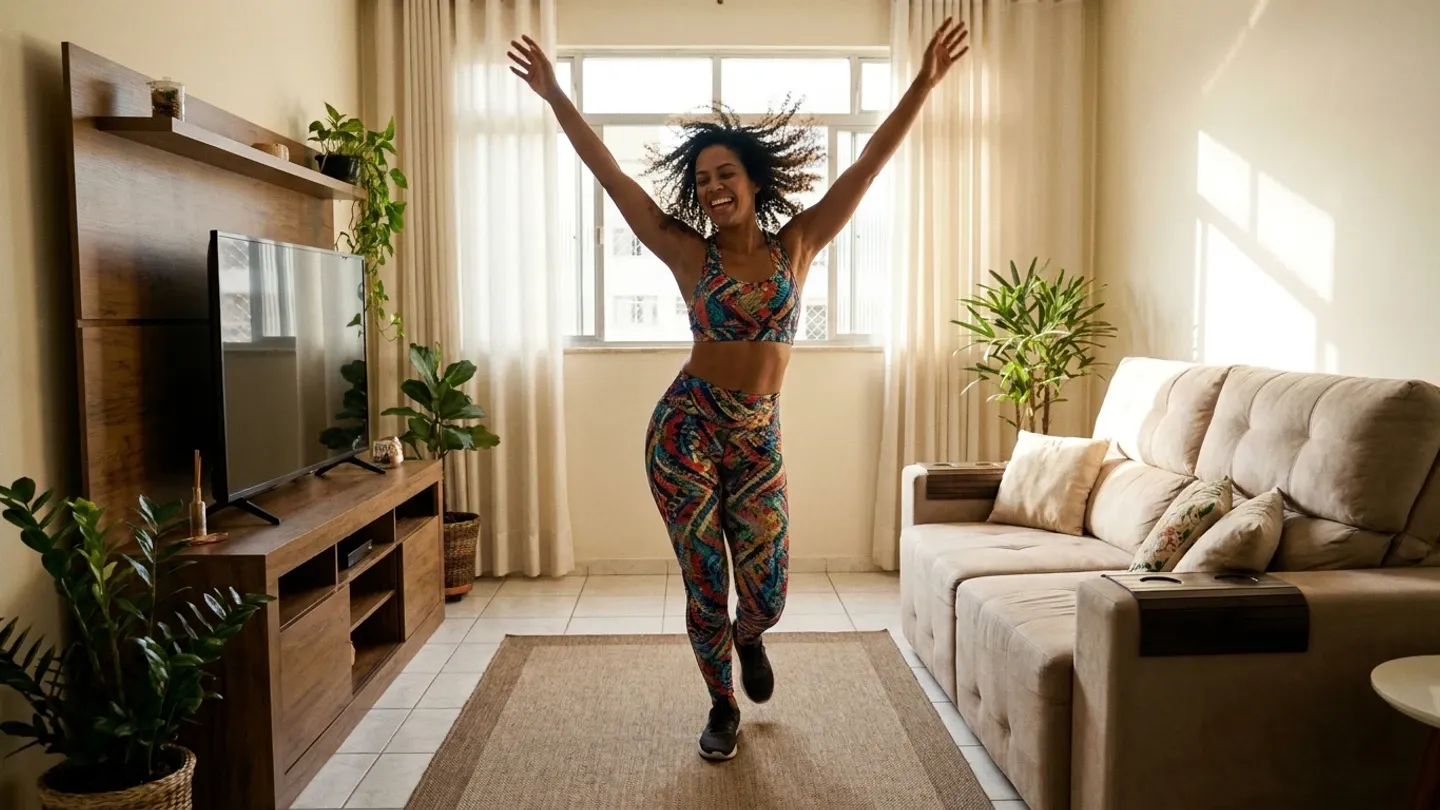 Mulher pulando de braços abertos e sorrindo durante treino de cardio dance na sala de casa