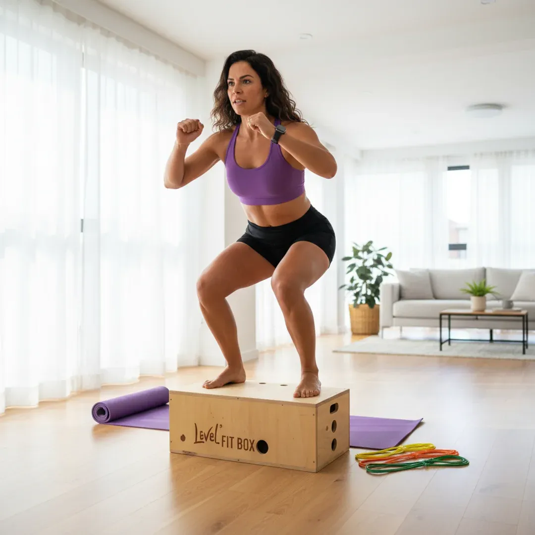 Mulher em posição de agachamento explosivo sobre a caixa multifuncional do Kit FitBox, colchonete e elásticos ao lado