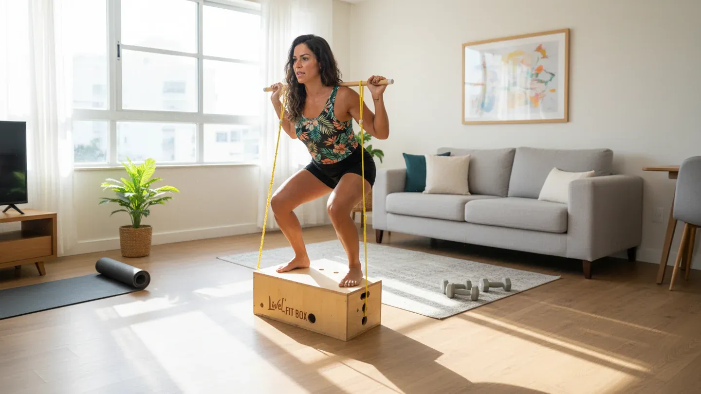 Mulher de meia-idade fazendo agachamento com elástico sobre a caixa multifuncional do Kit FitBox em casa Mulher de meia-idade fazendo agachamento com elástico sobre a caixa multifuncional do Kit FitBox em casa
