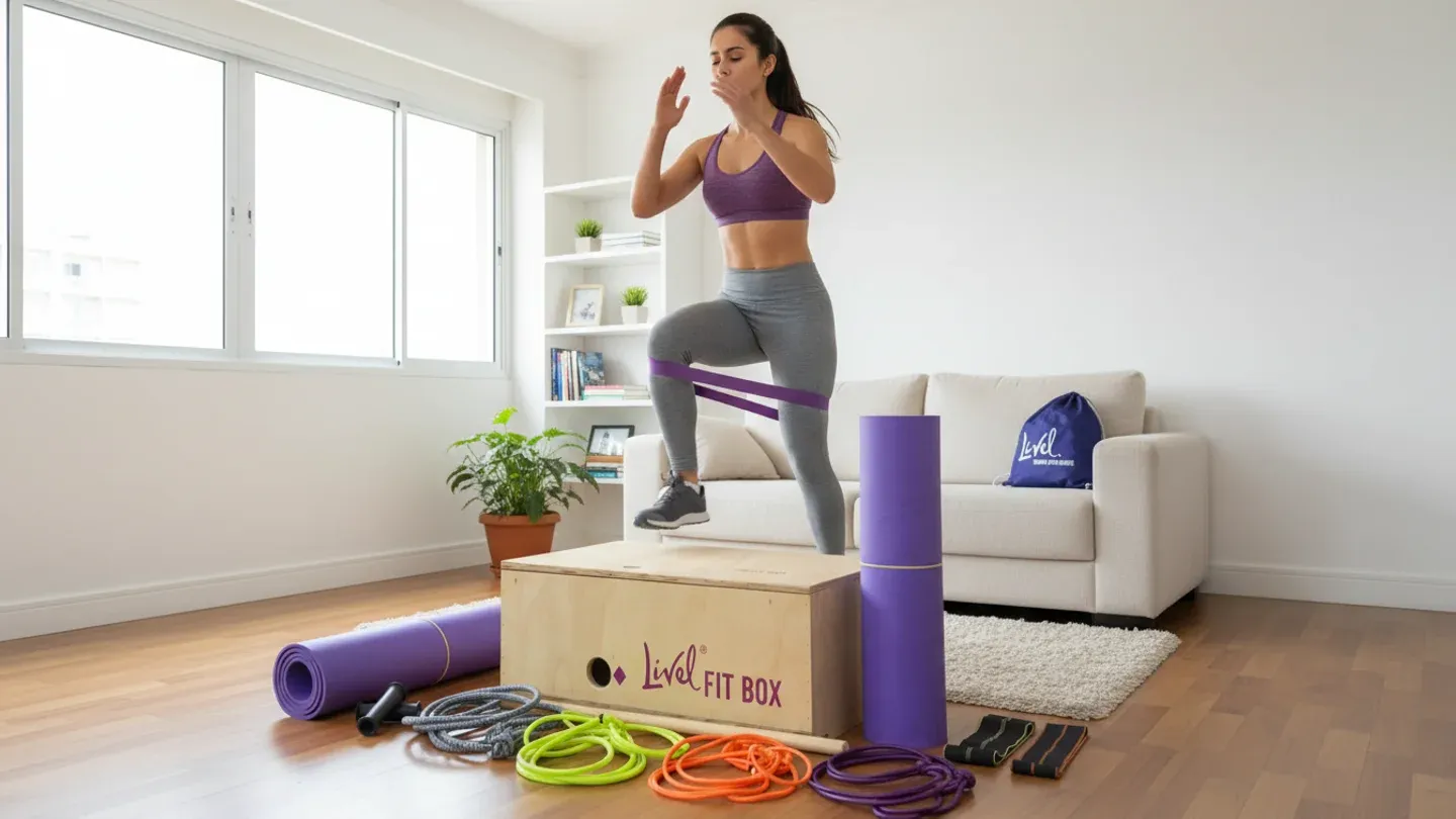 Mulher em movimento de agachamento com elástico na coxa, Kit FitBox completo com colchonete e elásticos coloridos ao redor