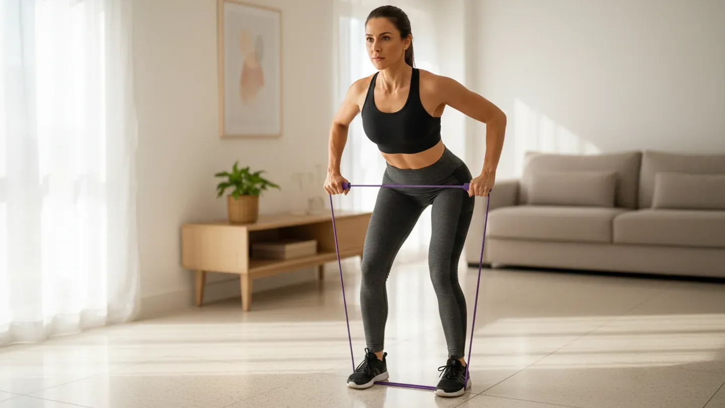 Mulher usando elástico de resistência em pé para exercício de costas e glúteos em casa
