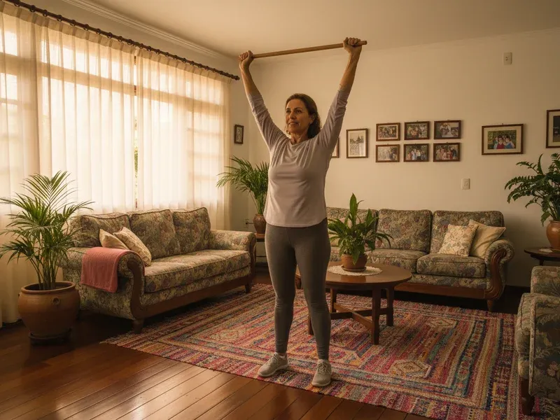 Mulher de meia-idade fazendo extensão acima da cabeça com o bastão do Kit FitBox Livel Mulher de meia-idade fazendo extensão acima da cabeça com o bastão do Kit FitBox Livel