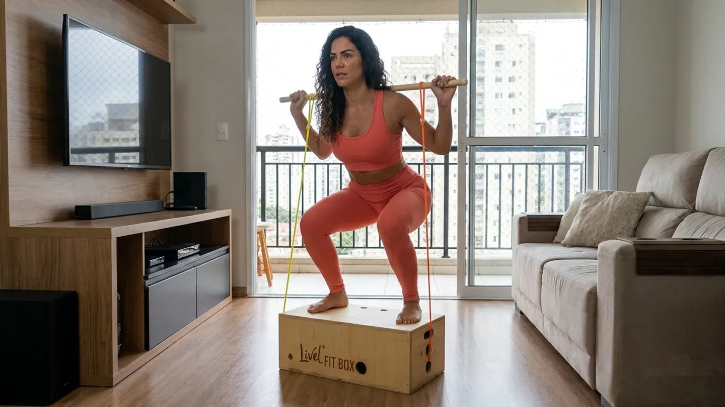Mulher fazendo agachamento sobre a caixa multifuncional do Kit FitBox, segurando o bastão de madeira com elásticos presos, treino funcional em casa