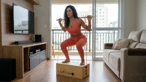 Mulher fazendo agachamento sobre a caixa multifuncional do Kit FitBox, segurando o bastão de madeira com elásticos presos, treino funcional em casa