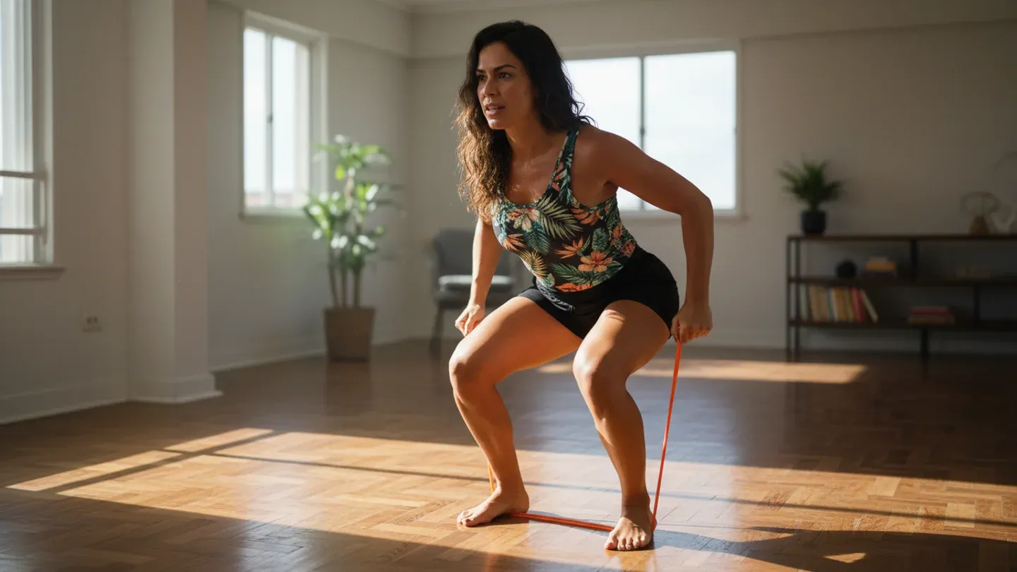 Mulher em agachamento realizando exercício de HIIT com elástico de resistência em casa, sala iluminada pelo sol Mulher em agachamento realizando exercício de HIIT com elástico de resistência em casa, sala iluminada pelo sol