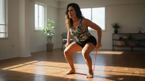 Mulher em agachamento realizando exercício de HIIT com elástico de resistência em casa, sala iluminada pelo sol