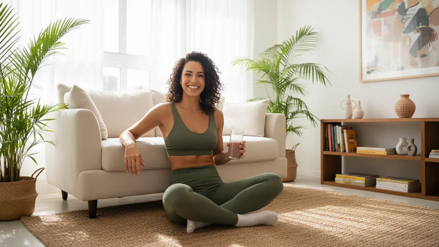 Mulher sorrindo sentada na sala de casa com um copo de suco natural após treino Mulher sorrindo sentada na sala de casa com um copo de suco natural após treino