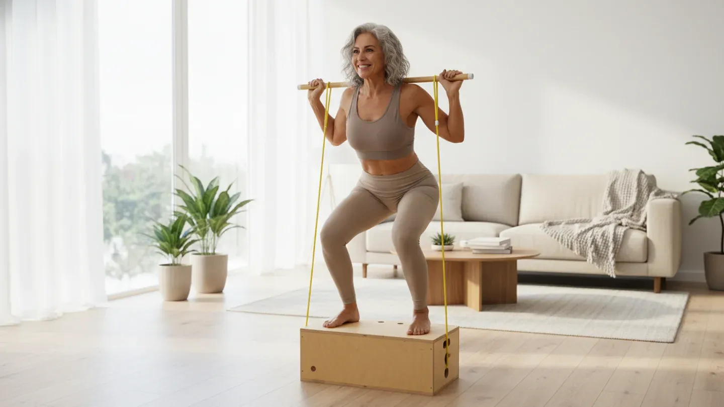 Mulher 60+ sorrindo enquanto faz agachamento com bastão e elástico sobre a caixa multifuncional do Kit FitBox Mulher 60+ sorrindo enquanto faz agachamento com bastão e elástico sobre a caixa multifuncional do Kit FitBox