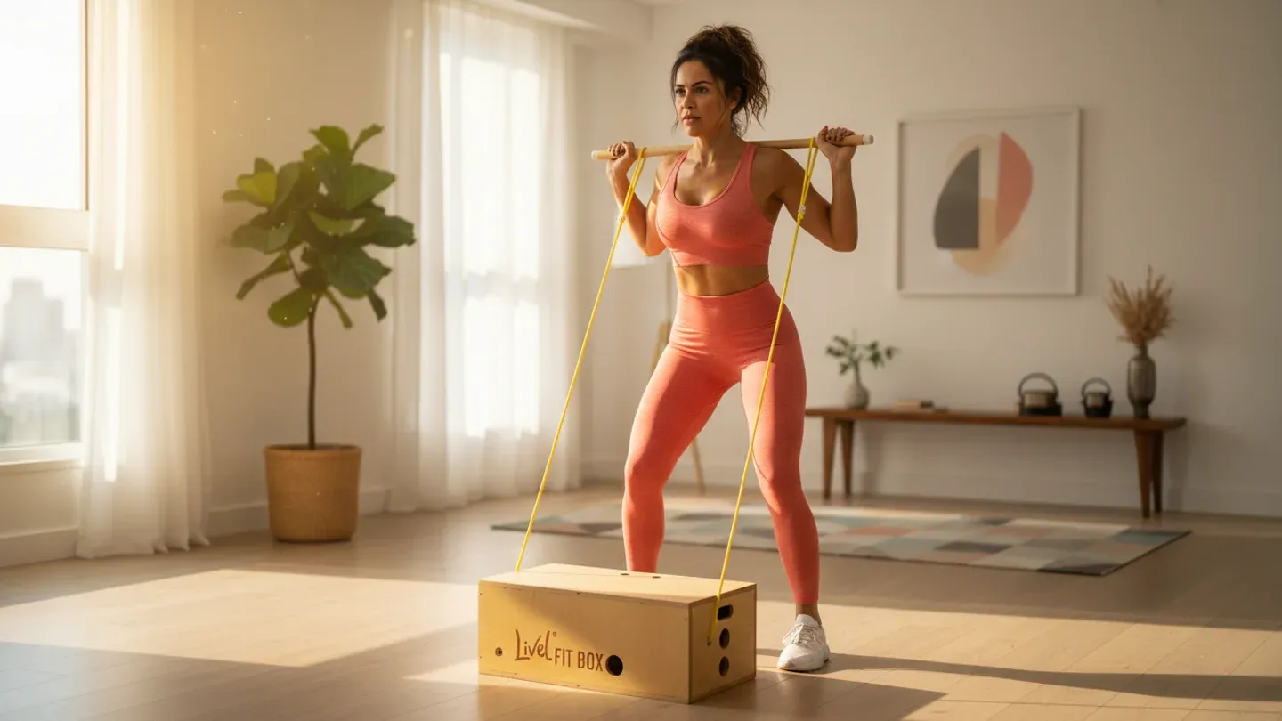 Mulher fazendo agachamento com bastão e elástico sobre a caixa multifuncional do Kit FitBox Mulher fazendo agachamento com bastão e elástico sobre a caixa multifuncional do Kit FitBox