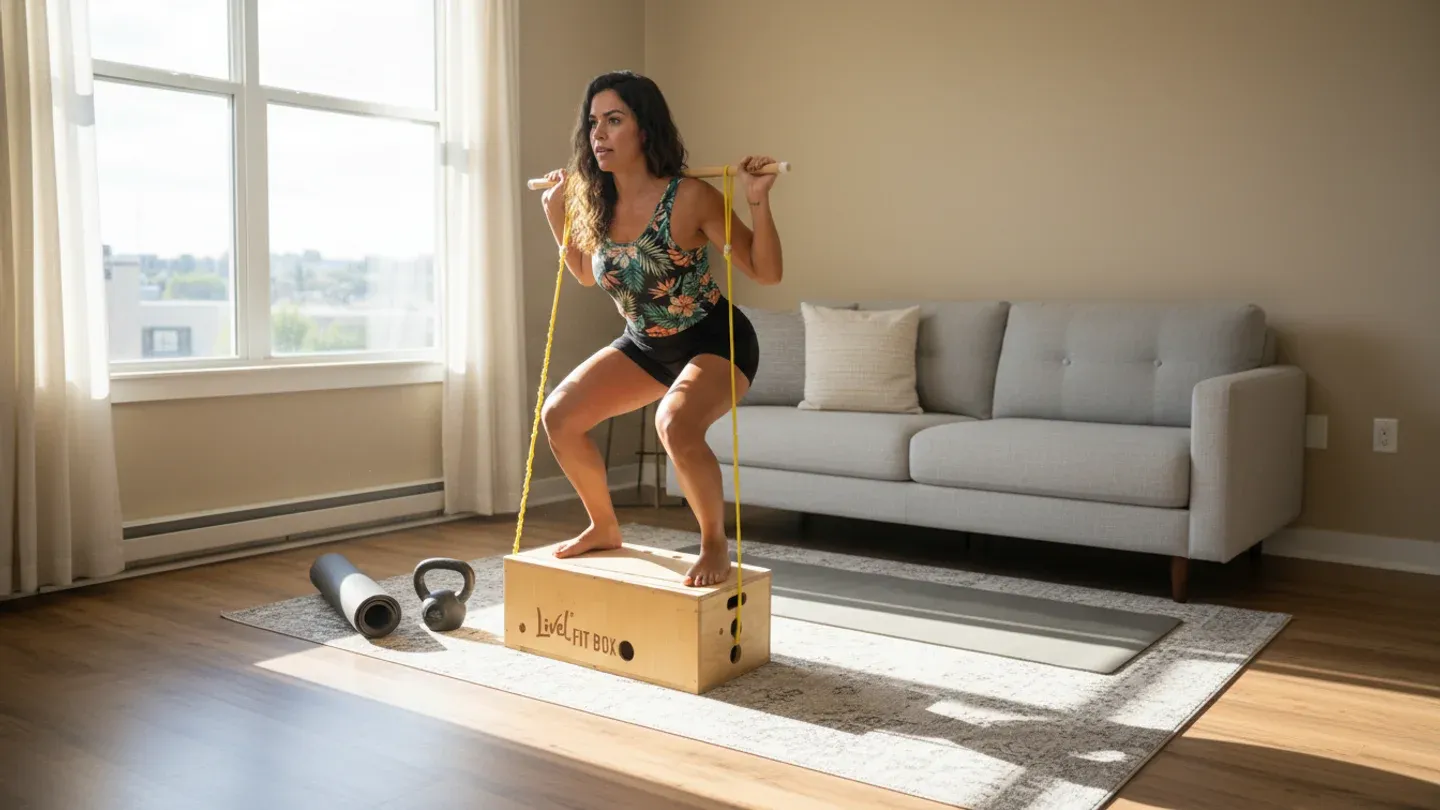 Mulher fazendo agachamento com bastão e elástico sobre a caixa multifuncional do Kit FitBox na sala de casa Mulher fazendo agachamento com bastão e elástico sobre a caixa multifuncional do Kit FitBox na sala de casa