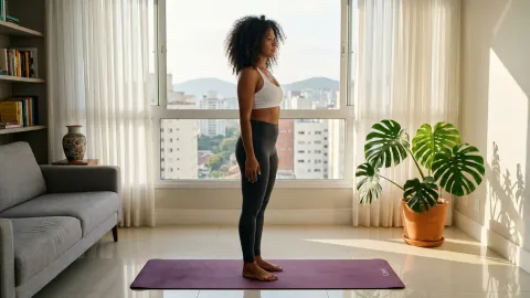 Mulher em pé na postura da Montanha (Tadasana) sobre tapete Livel, vista para a cidade ao fundo