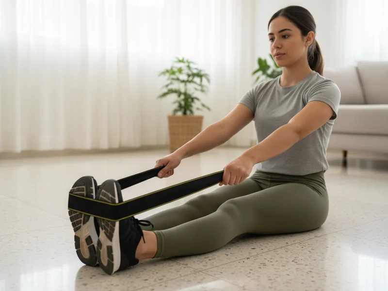 Mulher usando o elástico do Kit FitBox Livel para alongamento assistido de isquiotibial em casa