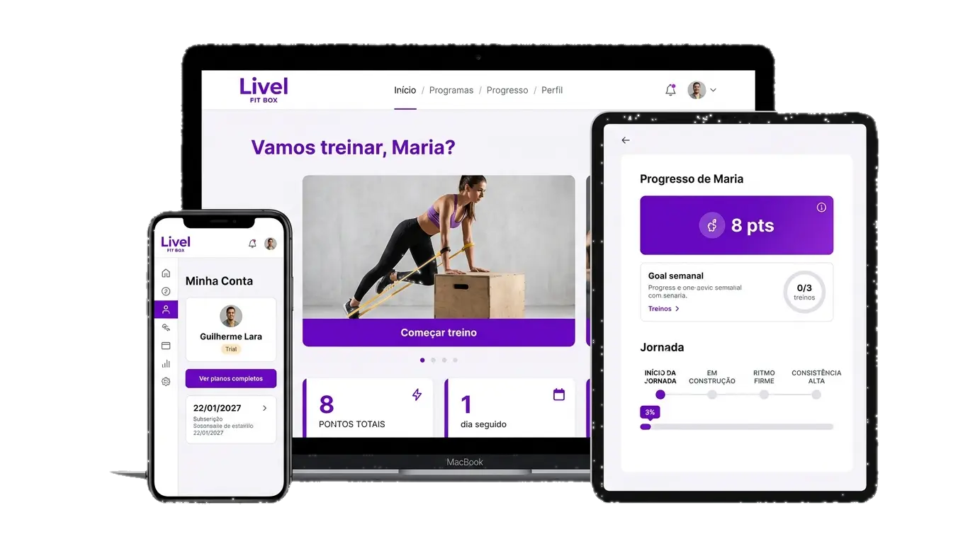 App Livel aberto em laptop mostrando o programa de treino diário e o acompanhamento de progresso App Livel aberto em laptop mostrando o programa de treino diário e o acompanhamento de progresso