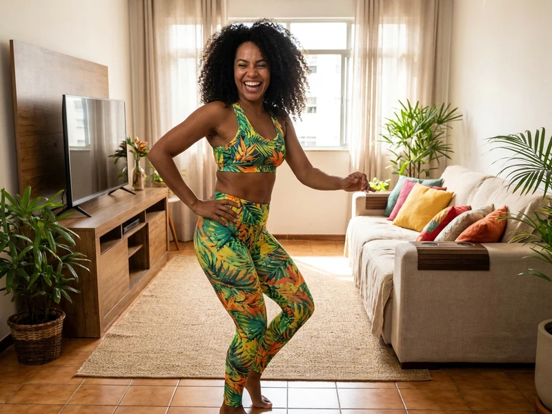 Mulher dançando cardio dance em sala de estar brasileira, movimentos de braços e sorrindo