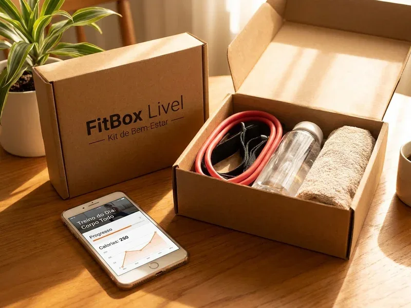 Kit FitBox Livel ao lado de smartphone com o app Livel aberto mostrando o programa de treino