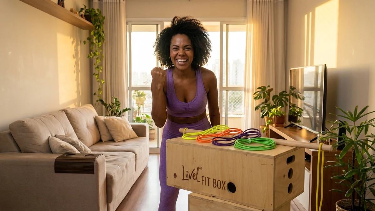 Mulher comemorando ao lado da Livel FitBox aberta, com elásticos coloridos e bastão de equilíbrio