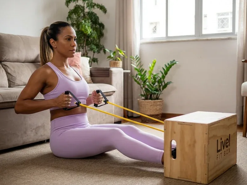 Mulher realizando remada sentada com handles do Kit FitBox Livel ancorado