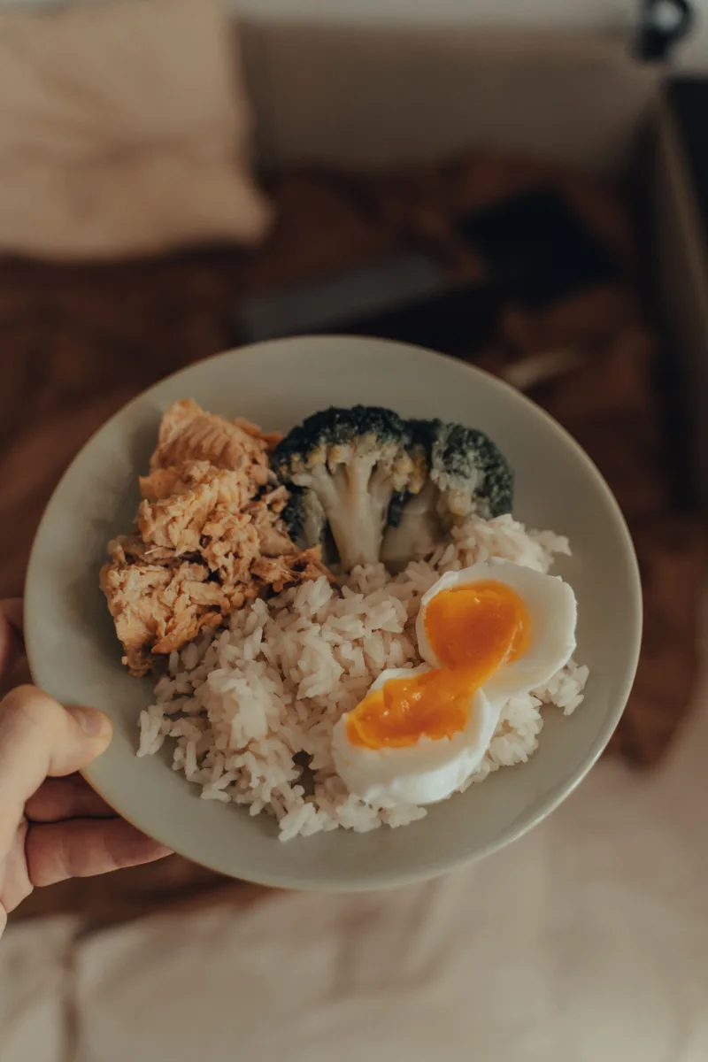 Prato com peixe, ovo cozido, brócolis e arroz, exemplo de refeição com proteína priorizada Prato com peixe, ovo cozido, brócolis e arroz, exemplo de refeição com proteína priorizada