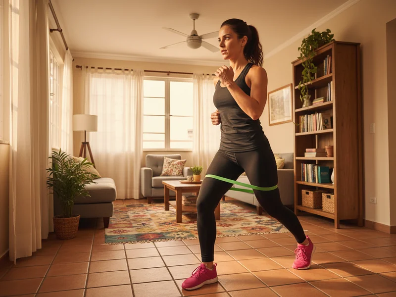 Mulher fazendo exercício de alta intensidade com elástico Livel em casa Mulher fazendo exercício de alta intensidade com elástico Livel em casa