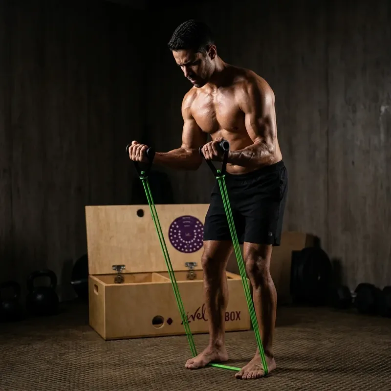 Homem treinando força com equipamentos do Livel FitBox em casa