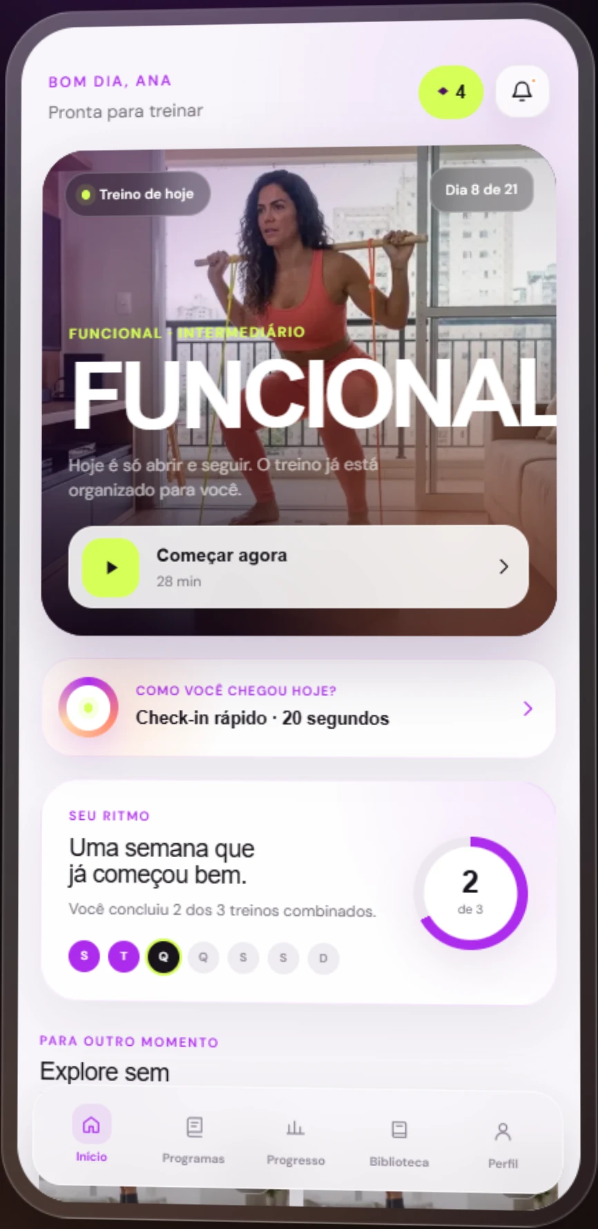 Tela inicial do App Livel com o treino do dia