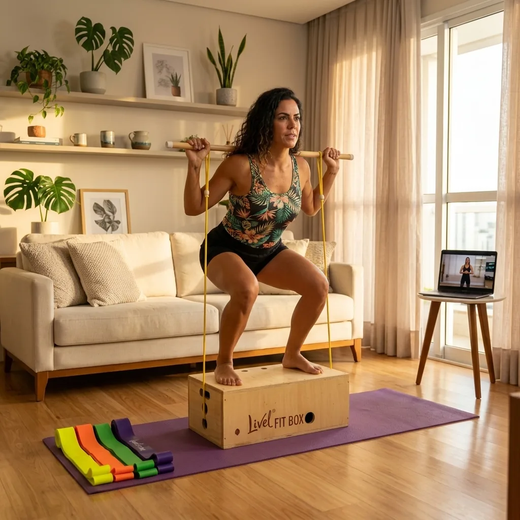 Mulher treinando com o Livel FitBox em casa
