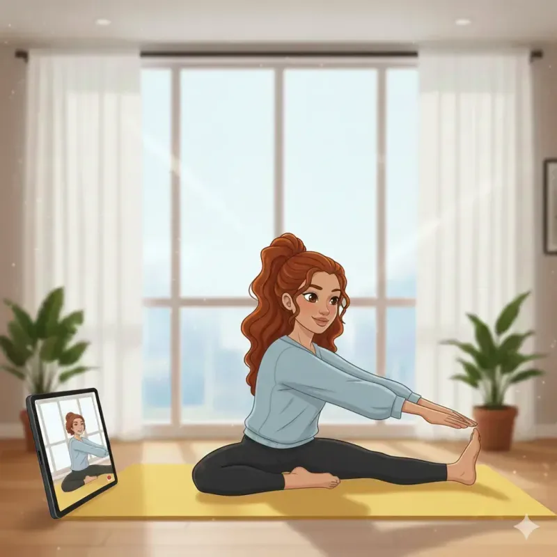 Mulher fazendo alongamento em casa com elástico do Kit Livel FitBox para ganhar flexibilidade e mobilidade Mulher fazendo alongamento em casa com elástico do Kit Livel FitBox para ganhar flexibilidade e mobilidade