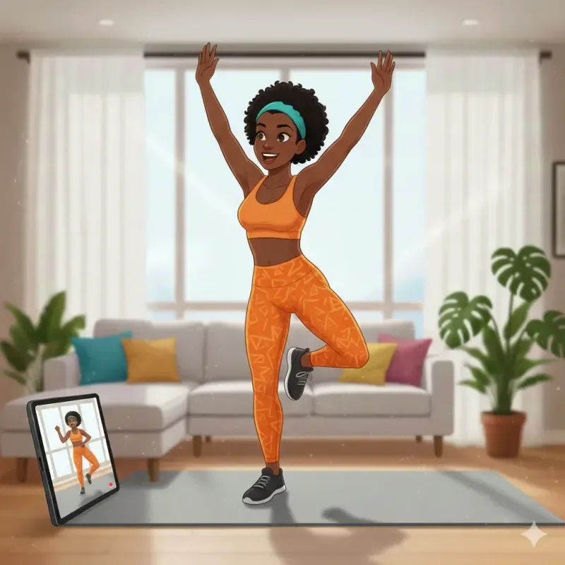 Mulher sorrindo durante aula de cardio dance em casa pelo app Livel FitBox Mulher sorrindo durante aula de cardio dance em casa pelo app Livel FitBox