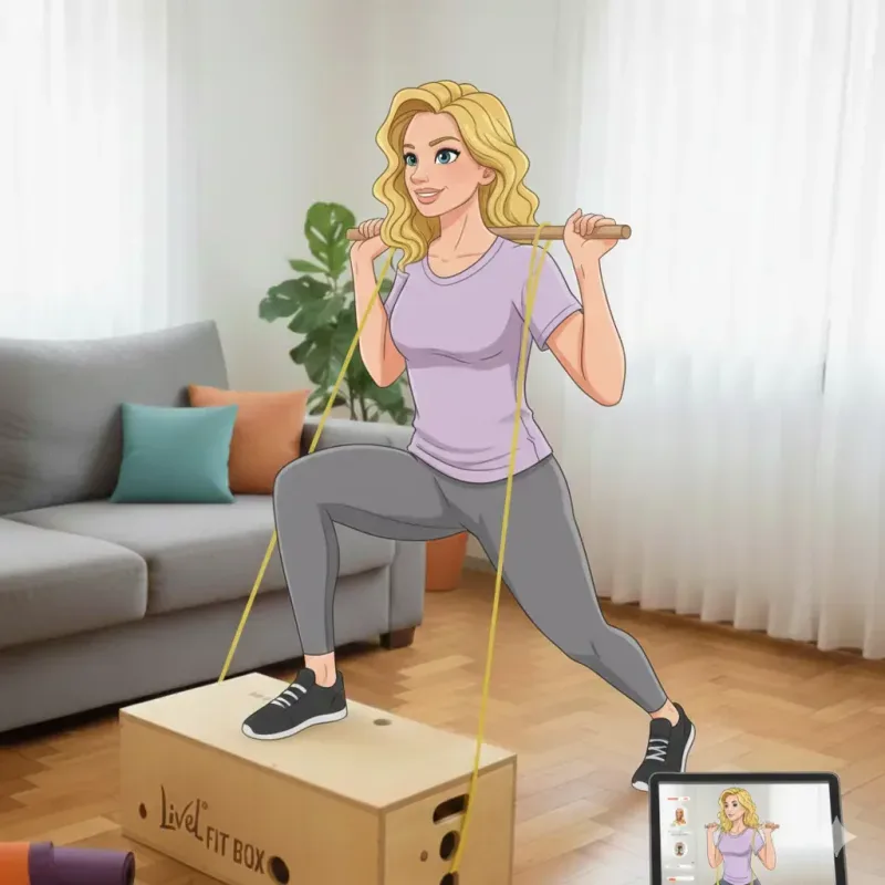 Mulher em treino funcional em casa usando a caixa multifuncional e o elástico do Kit Livel FitBox Mulher em treino funcional em casa usando a caixa multifuncional e o elástico do Kit Livel FitBox