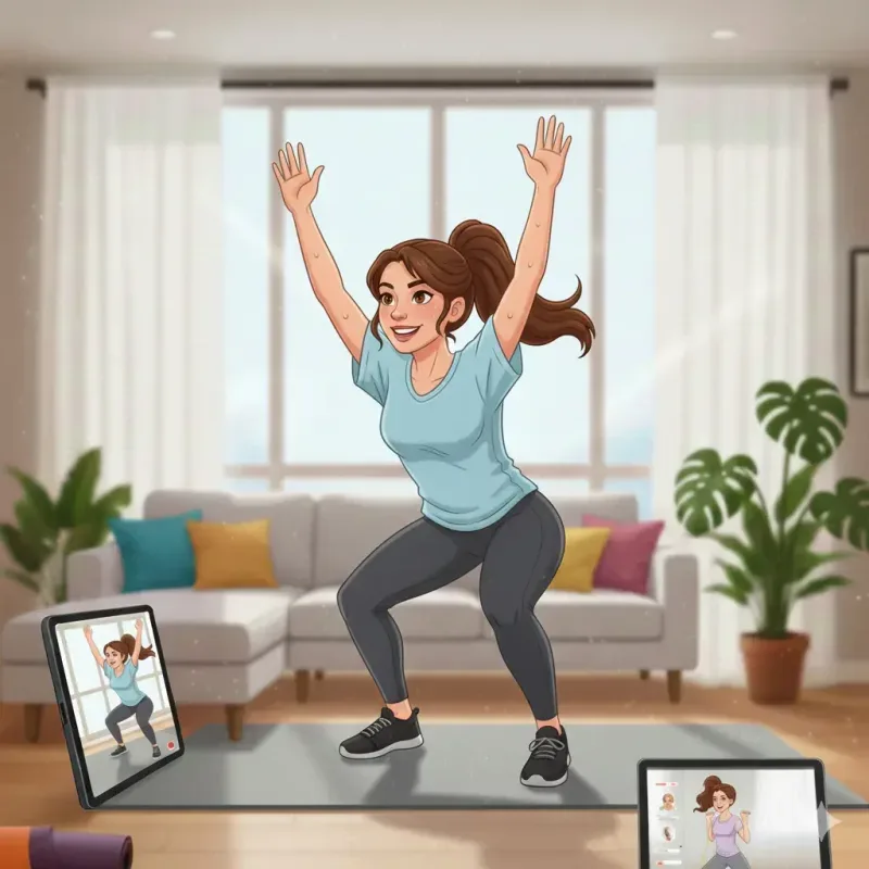Mulher fazendo HIIT em casa com elástico de resistência do Kit Livel FitBox em sessão curta de alta intensidade Mulher fazendo HIIT em casa com elástico de resistência do Kit Livel FitBox em sessão curta de alta intensidade
