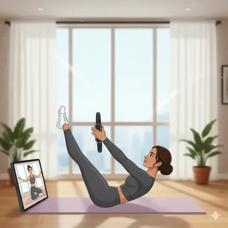Mulher praticando pilates em casa sobre o tapete com elástico do Kit Livel FitBox Mulher praticando pilates em casa sobre o tapete com elástico do Kit Livel FitBox