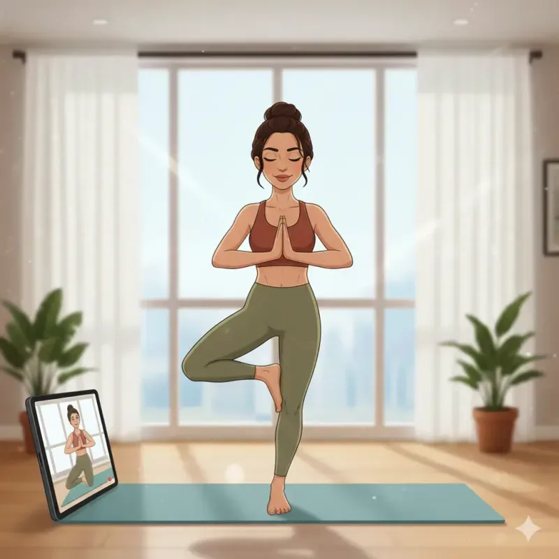 Mulher em postura de yoga sobre o tapete em casa seguindo aula do app Livel FitBox Mulher em postura de yoga sobre o tapete em casa seguindo aula do app Livel FitBox