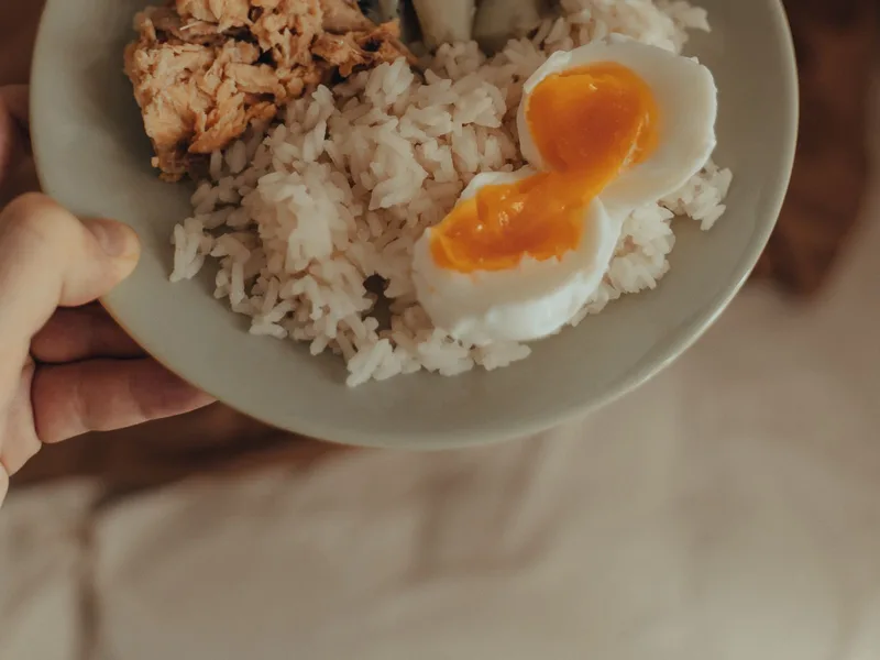 Prato com peixe, ovo cozido, arroz e brócolis, refeição rica em proteína Prato com peixe, ovo cozido, arroz e brócolis, refeição rica em proteína