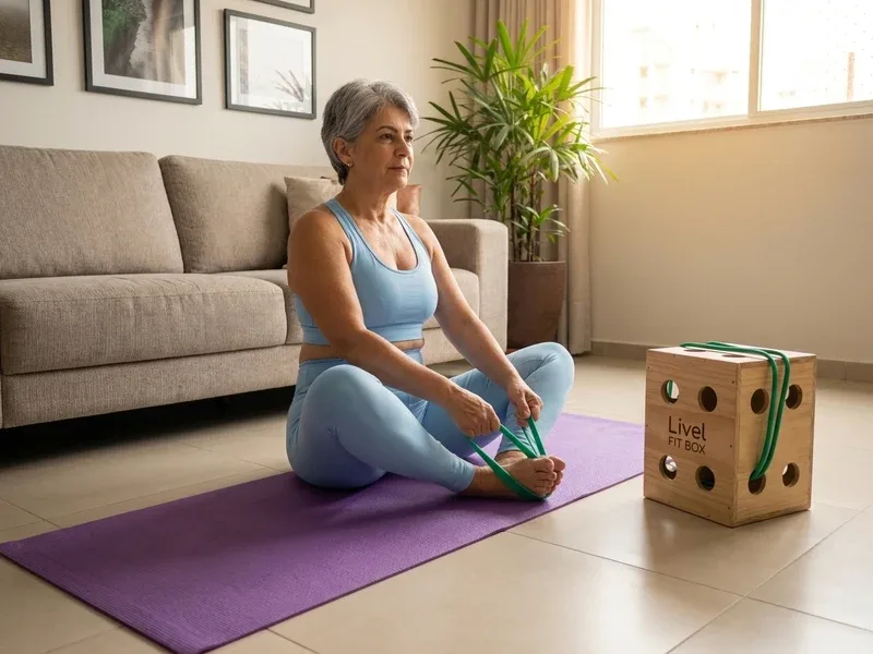Mulher acima de 60 anos fazendo alongamento com a caixa FitBox de madeira Livel em casa Mulher acima de 60 anos fazendo alongamento com a caixa FitBox de madeira Livel em casa