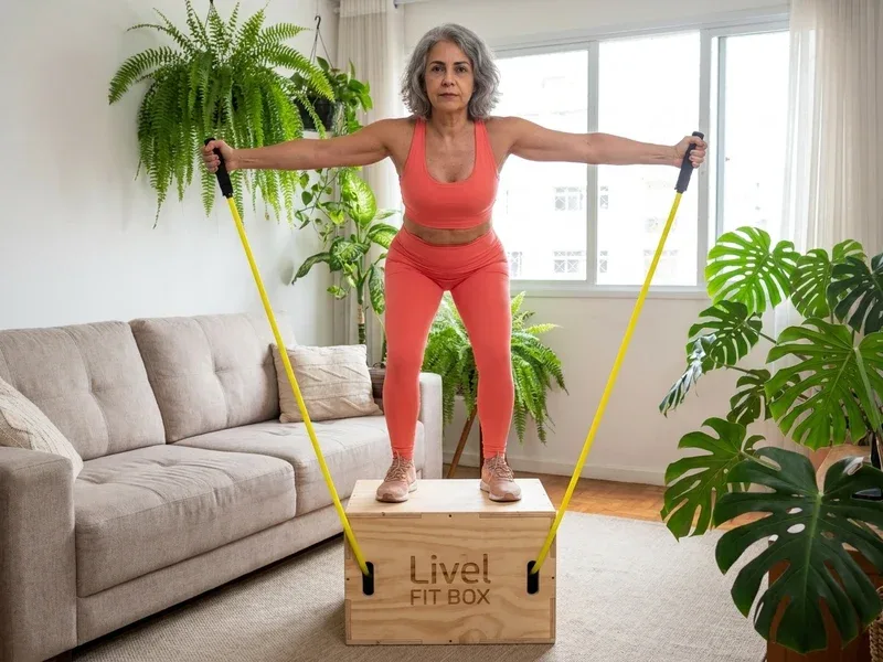Mulher acima de 60 anos treinando com elásticos tubulares amarelos e handles do Kit FitBox Livel Mulher acima de 60 anos treinando com elásticos tubulares amarelos e handles do Kit FitBox Livel