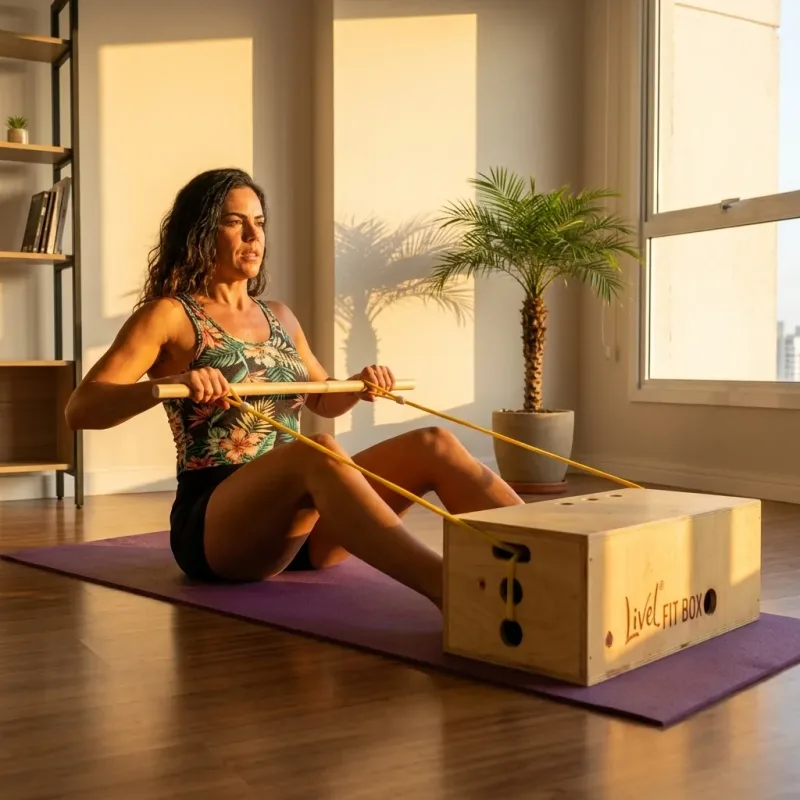 Mulher treinando em casa com elástico de resistência conectado ao Kit FitBox Livel