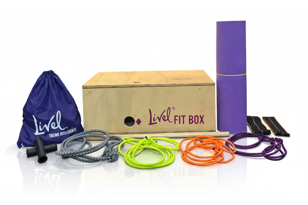 Kit de equipamentos de ginástica com halteres, tapete de yoga e faixas de resistência.