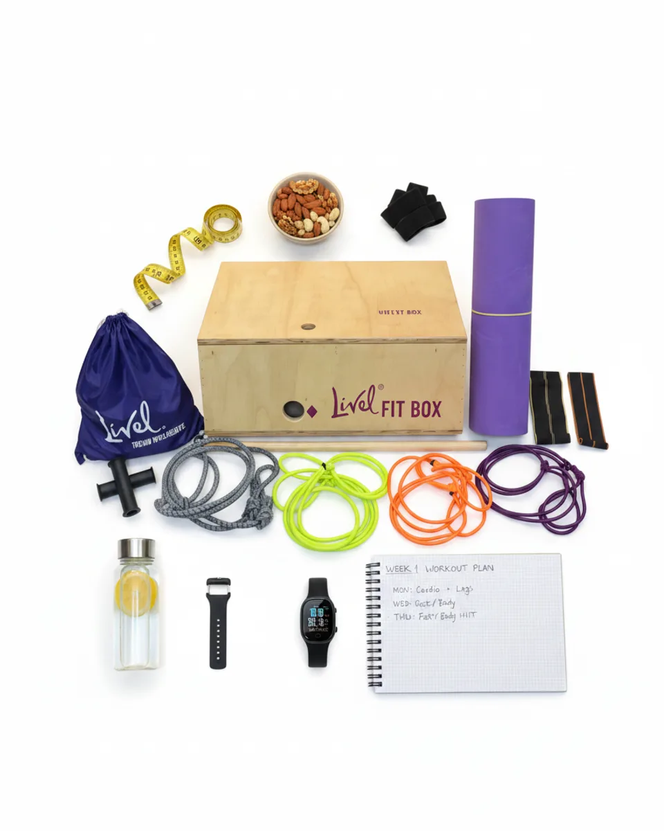 Kit completo FitBox Livel com fita métrica, garrafa e relógio fitness para emagrecimento