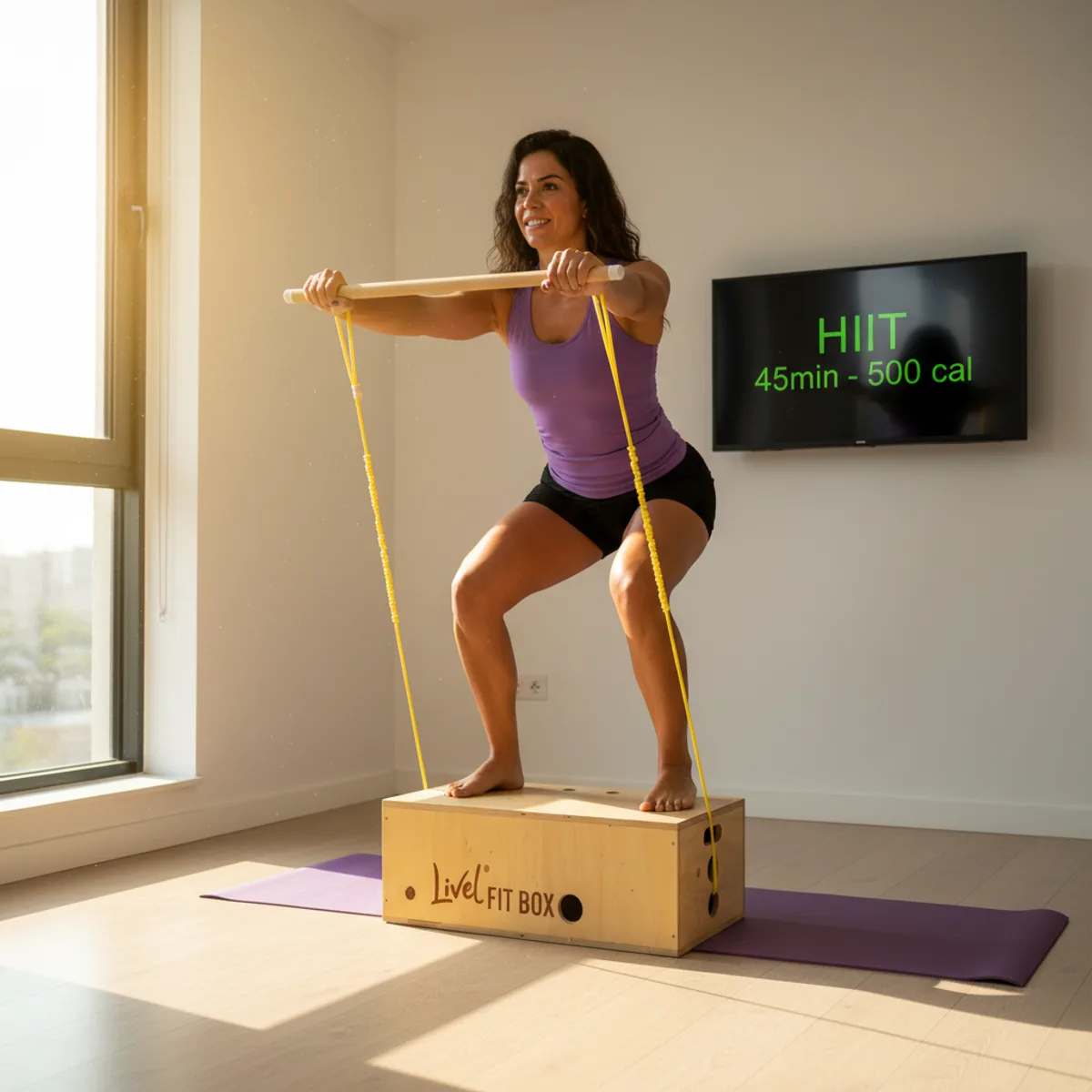 Mulher fazendo HIIT com elásticos na FitBox Livel queimando calorias em casa