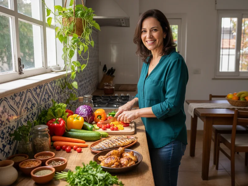 Mulher de 43 anos preparando refeição saudável com proteína e vegetais coloridos na cozinha