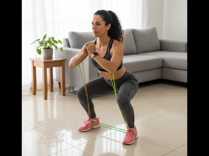 Mulher de 45 anos fazendo agachamento com elástico em casa — treino de força para emagrecimento