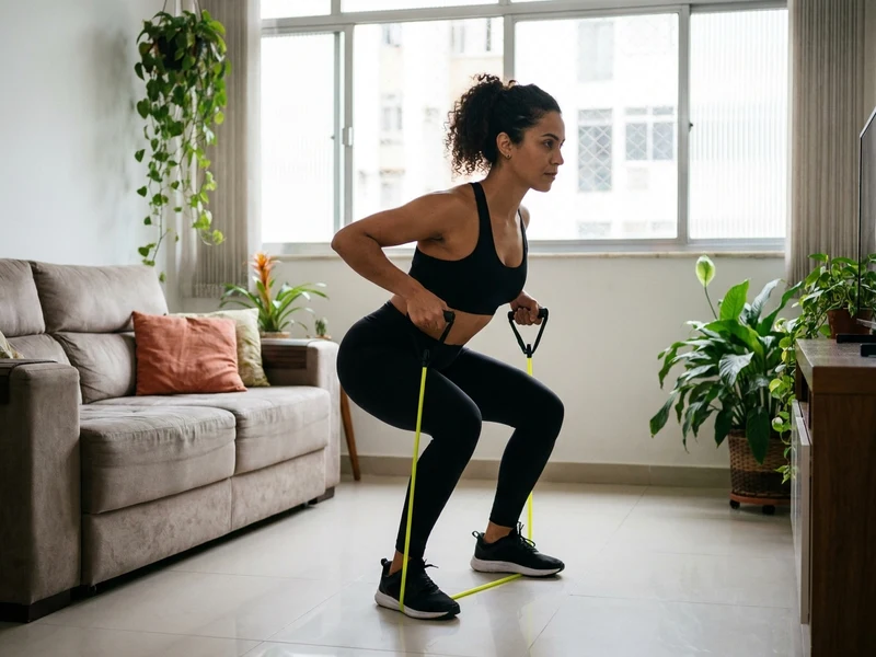 Mulher executando remada curvada com elástico Kit FitBox Livel, pés firmemente plantados no chão