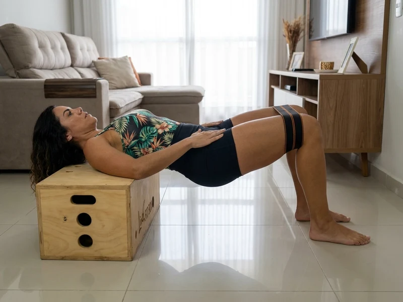 Mulher realizando hip thrust com Livel FitBox como apoio e mini band preta nos joelhos