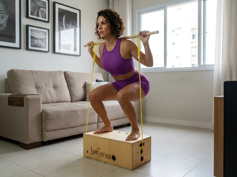 Mulher fazendo agachamento funcional com elástico em sala de estar brasileira com sofá e móveis