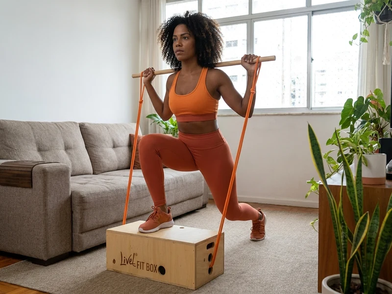 Mulher executando exercício funcional em sala de estar com TV, sofá e varanda