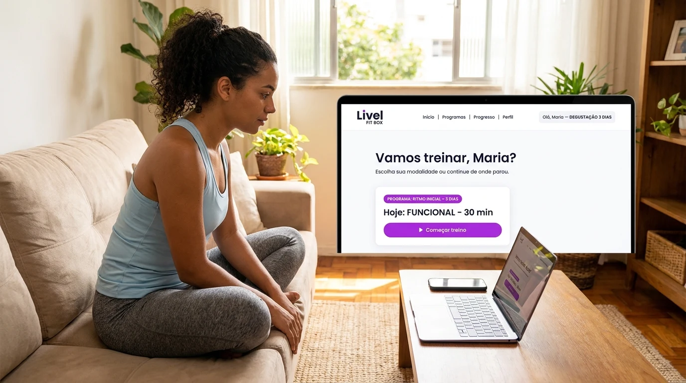 App Livel aberto em MacBook, iPhone e iPad mostrando o programa de treino diário