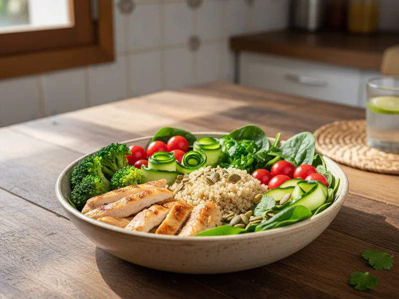 Comida de verdade, bowl saudável, farto de vegetais verdes e proteínas limpas provando o potencial da comida saciante.