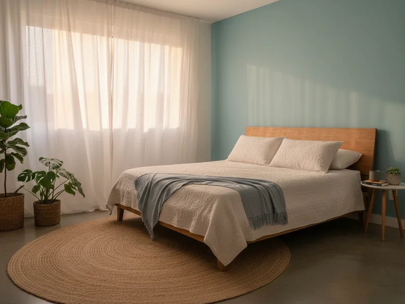 Quarto tranquilo iluminado e pacato com claridade reconfortante matutina sinalizando ciclo de sono renovador.