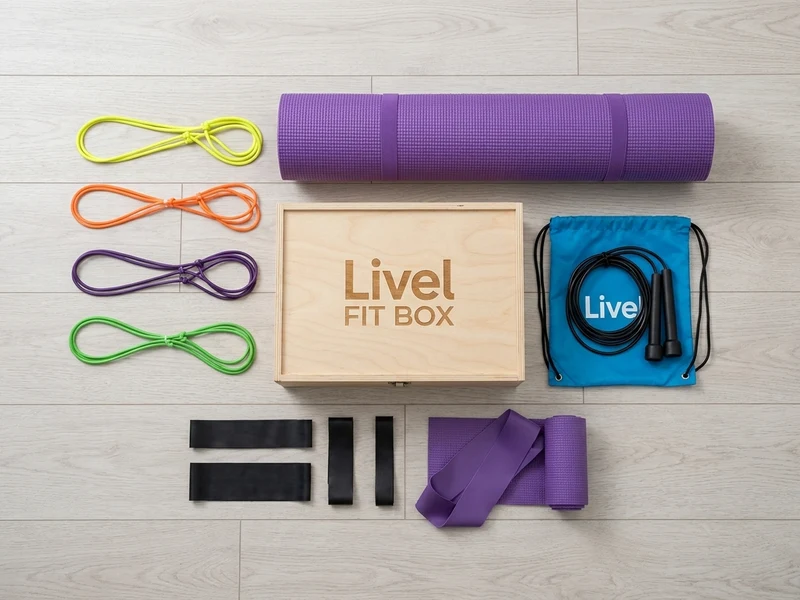 Flat lay do Kit FitBox Livel com tampa fechada e intacta — equipamento completo para treino 60+