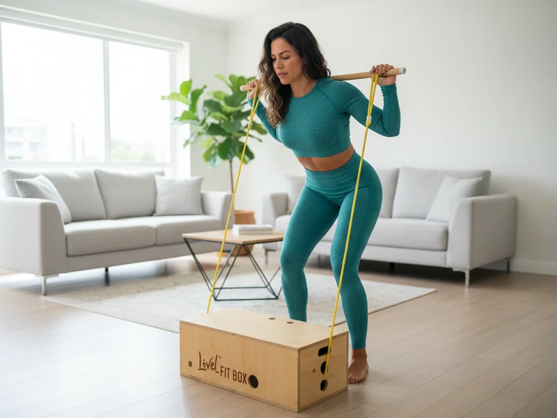 Mulher fazendo remada com elástico em casa — postura correta e alinhamento